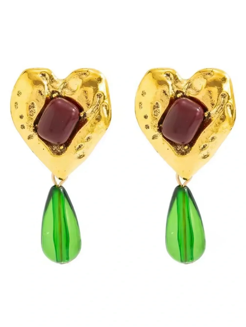 Retro Gold Heart Earrings – Emerald Teardrop Dangle Earrings